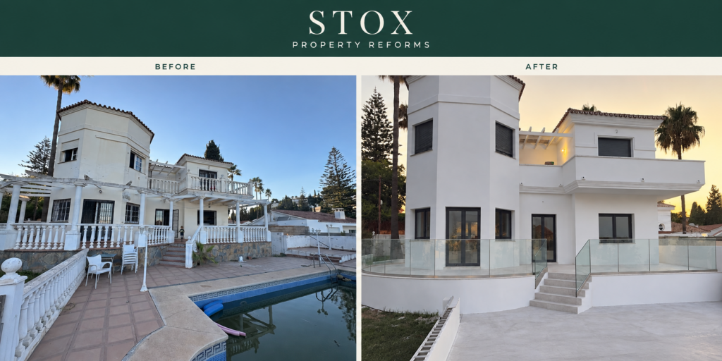 before and after villa renovation, showing white exterior modern windows luxury villa